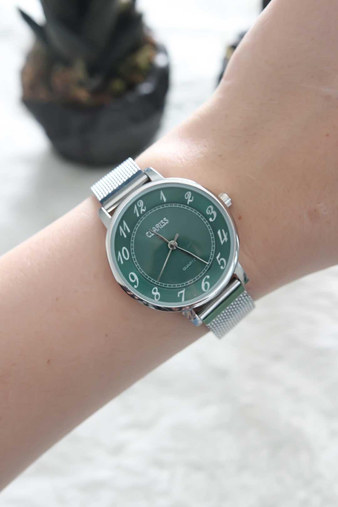 Silver Renk Kaplama Hasır Metal Kordonlu Yeşil Renk İç Tasarımlı Clariss Marka Bayan Kol Saati