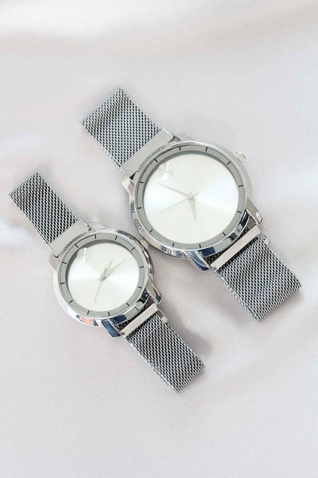 Gümüş Renk Hasır Metal Mıknatıs Kordonlu Sevgili Saatleri