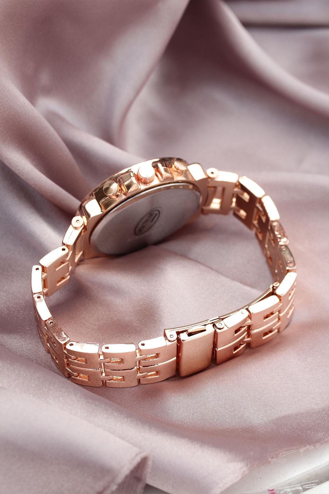 Rose Metal Kordonlu Zirkon Taşlı Kasa Tasarımlı Kadın Saat