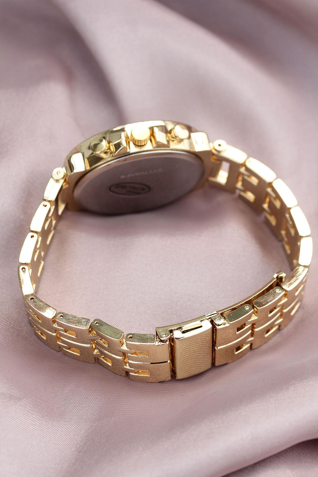 Gold Metal Kordonlu Zirkon Taşlı Kasa Tasarımlı Kadın Saat