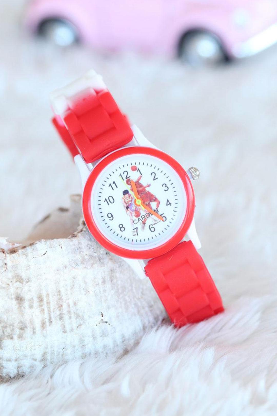 Kırmızı Beyaz Renk Silikon Kordonlu Çocuk Saati