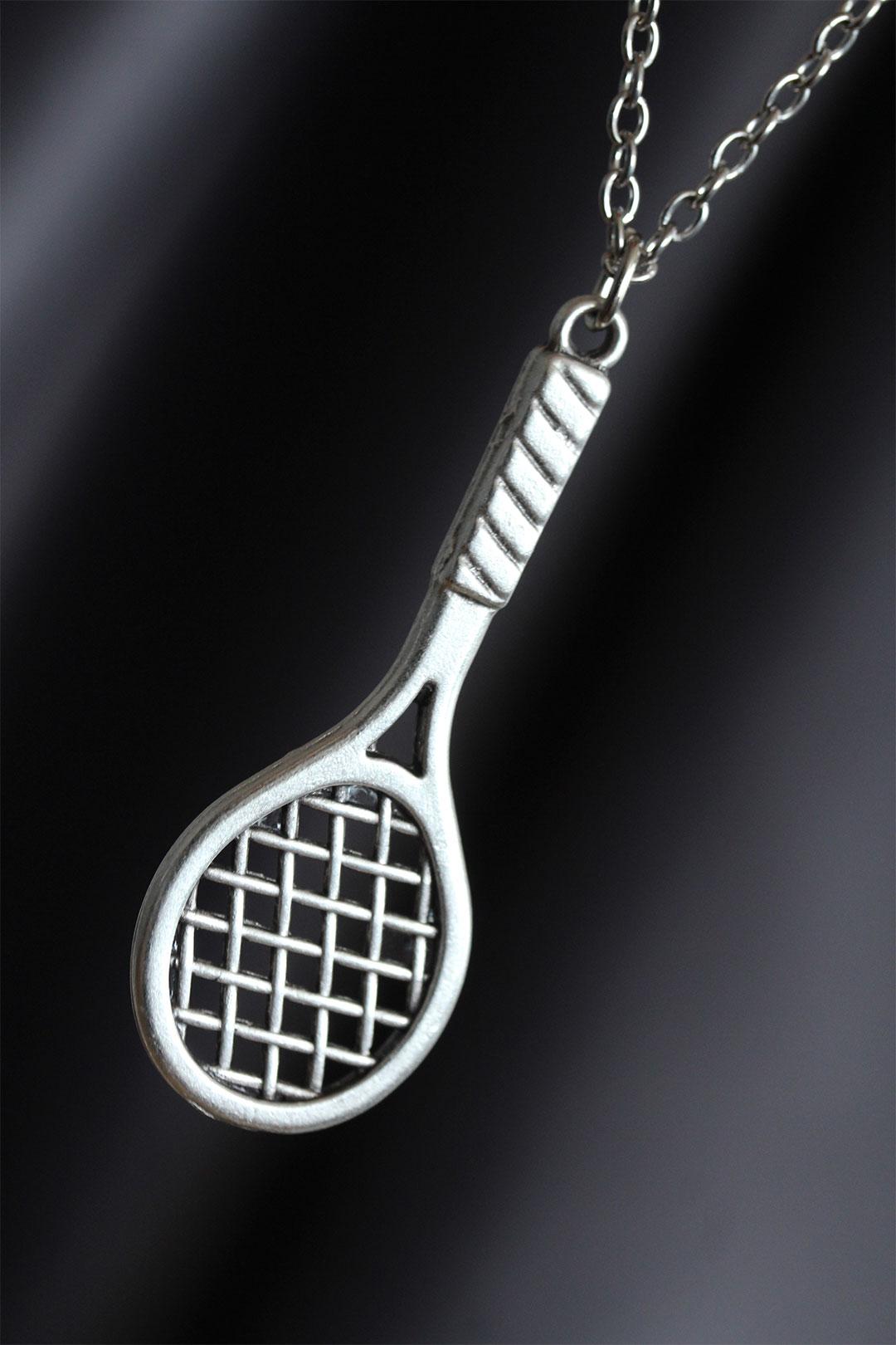 Tenis Raketi Figürlü Gümüş Renk Zincirli Erkek Kolye