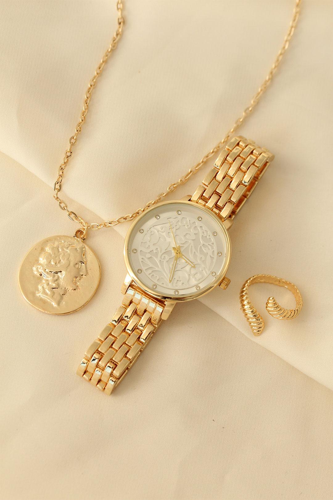 Gold Renk Metal Kordonlu Desenli Beyaz Kadran Tasarımlı Saat Kombini