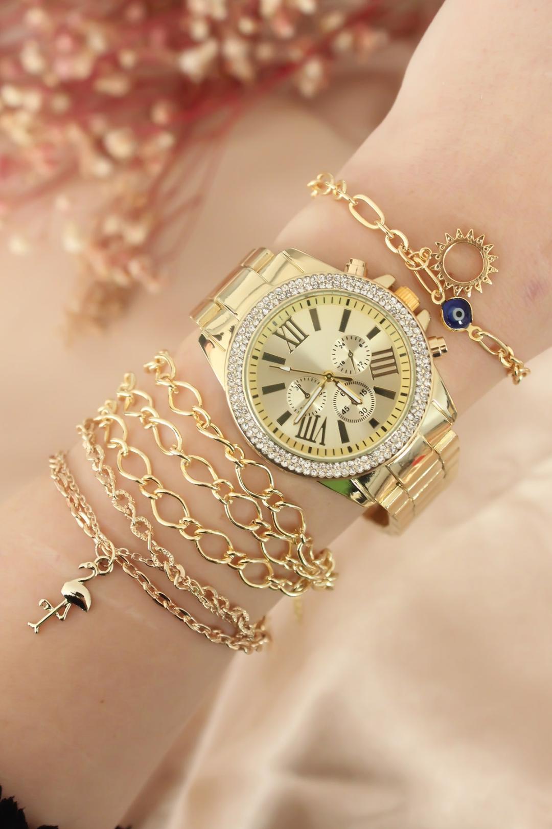 Gold Renk Metal Kordonlu Zirkon Taşlı Saat ve Bileklik Kombini