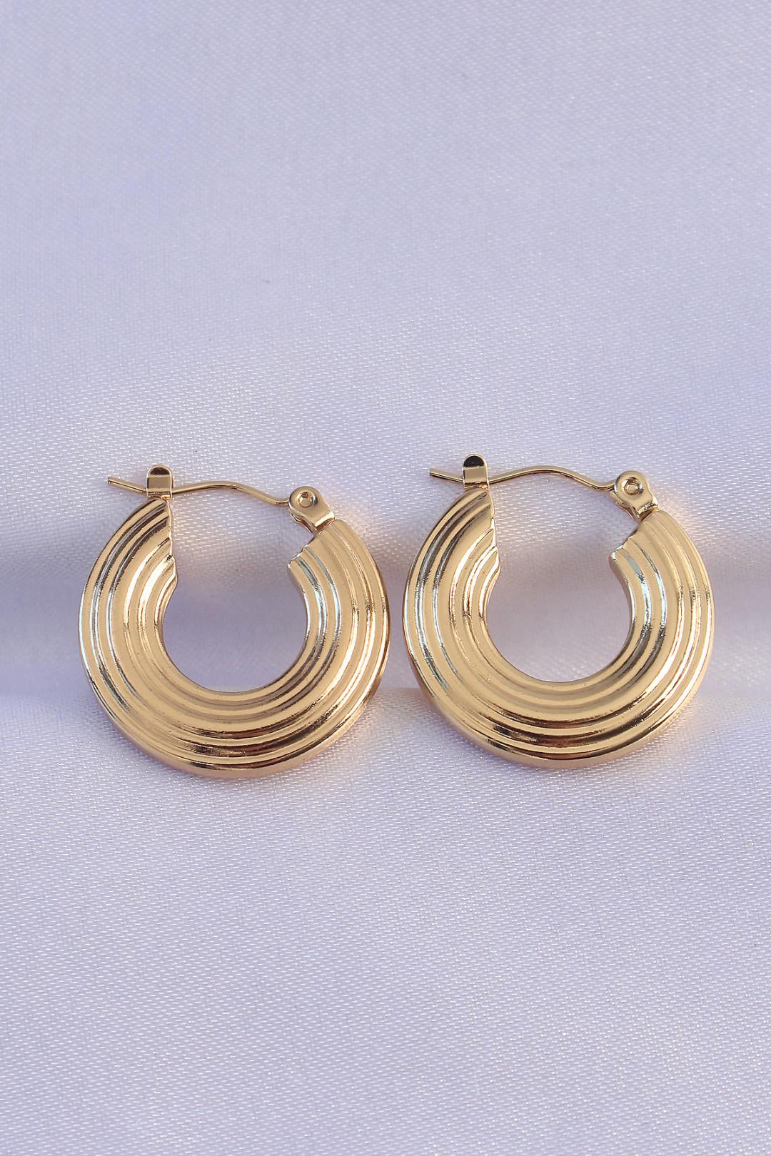 316L Çelik Gold Renk Oval Çizgili Plaka Model Küpe