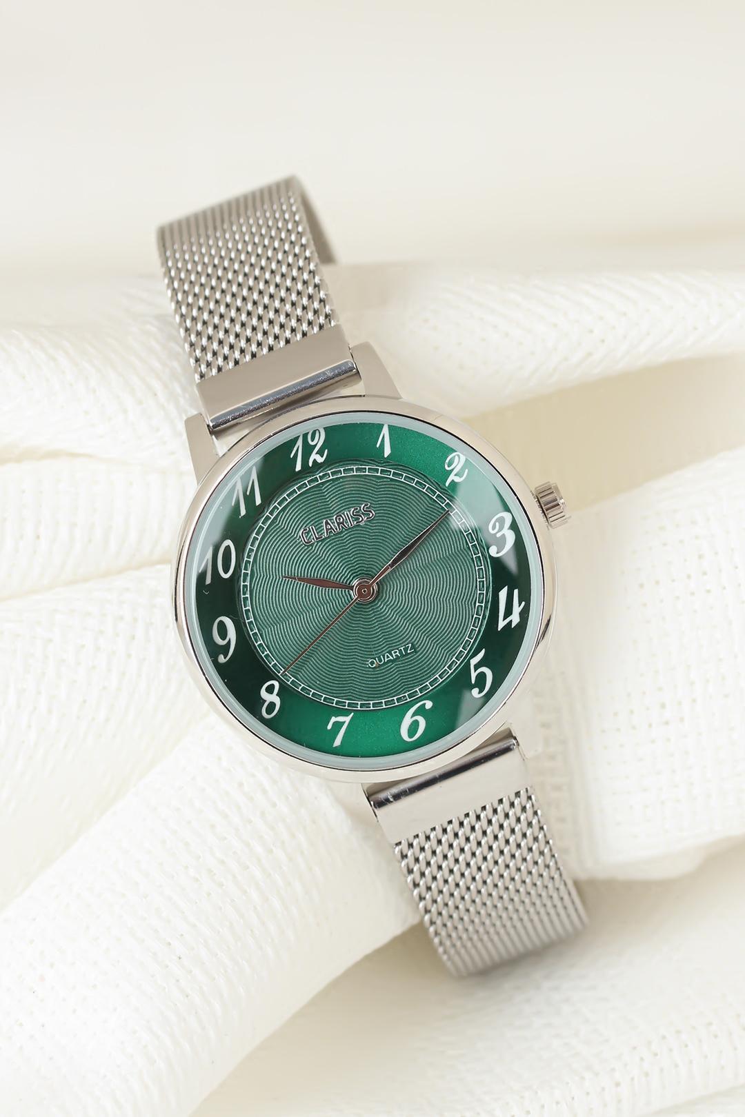 Silver Renk Kaplama Hasır Metal Kordonlu Yeşil Renk İç Tasarımlı Clariss Marka Bayan Kol Saati